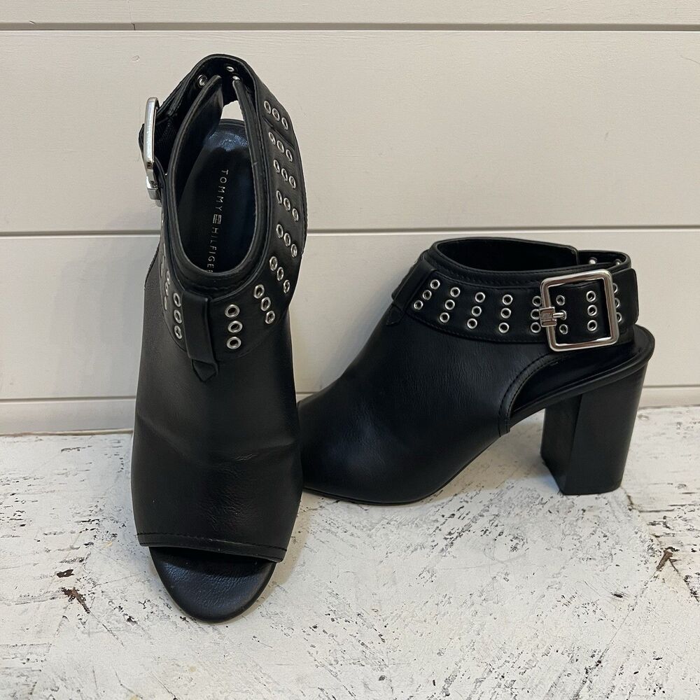 Tommy Hilfiger black leather peep toe block heel Slingback sandals 8.5M